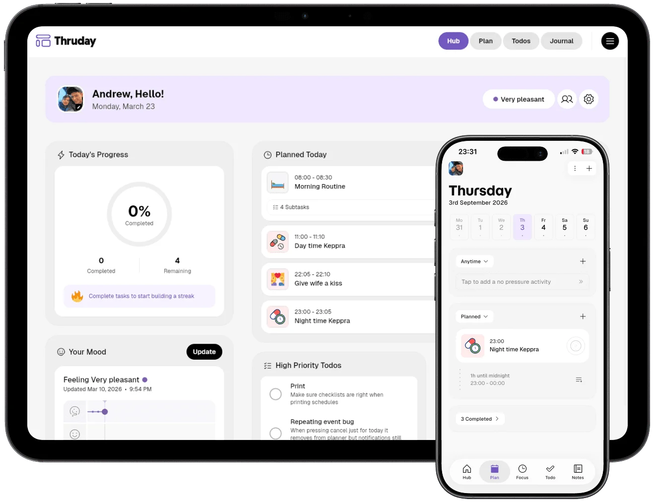 Thruday Visual Planner with mood tracking dashboard on Web, Android, and iOS