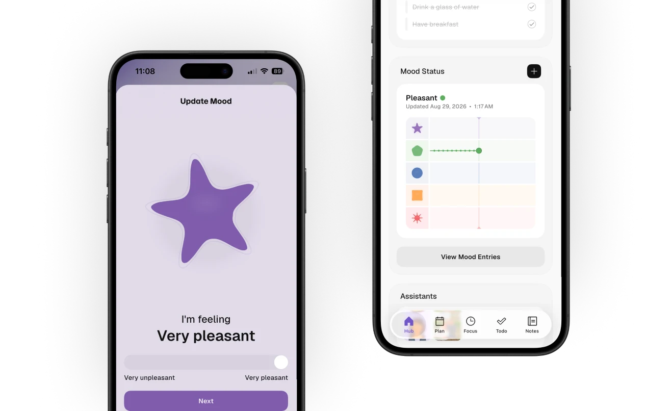 two phones with select a shape for mood and mood analytics