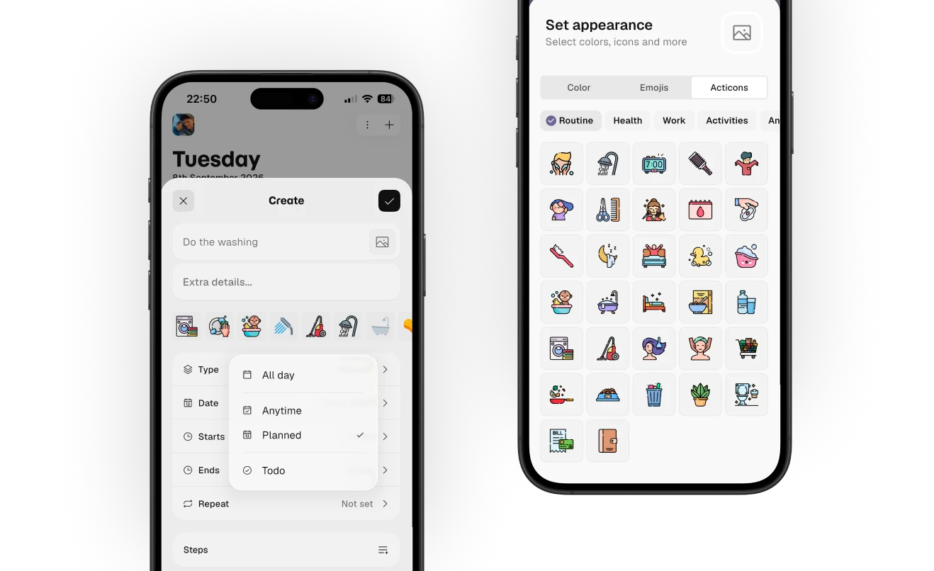 two phones with create a new visual task and colorful icon selection
