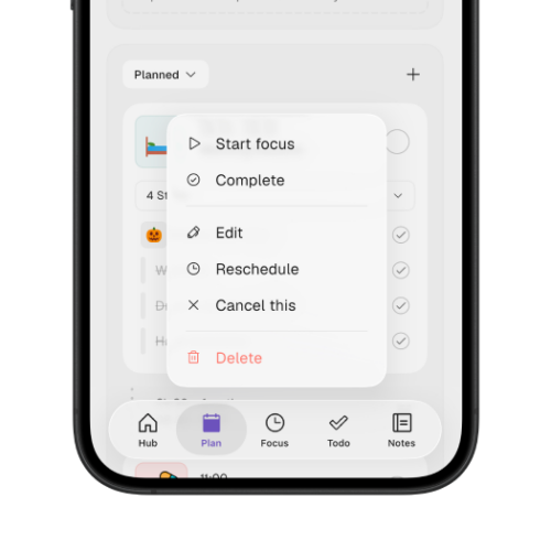 Thruday’s planned activity menu with the Start focus option